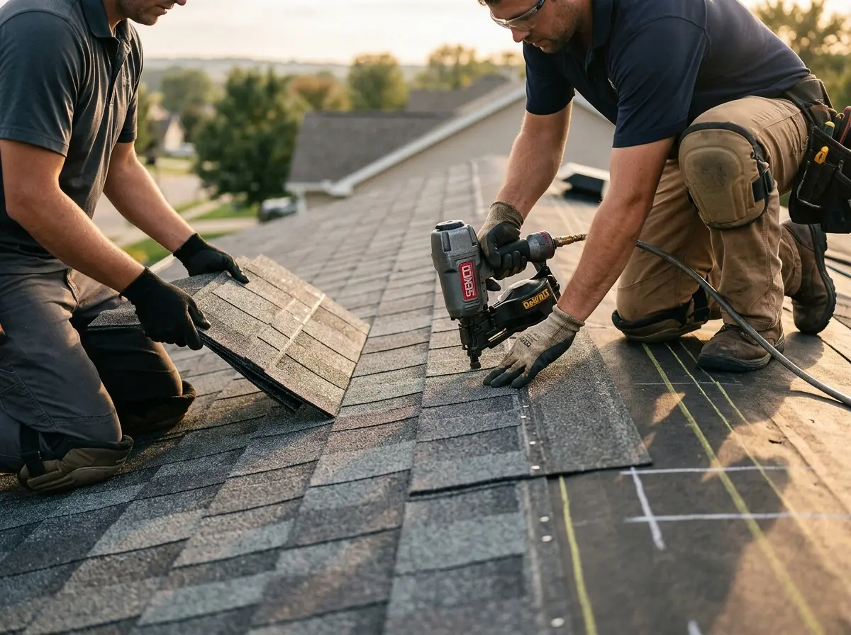 Professional roofer working on a residential roof in South Houston